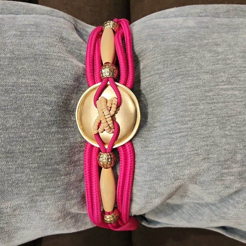 90's Beaded Rope Waist Belt Colorful Braided Statement Belt Pink & Gold Tone